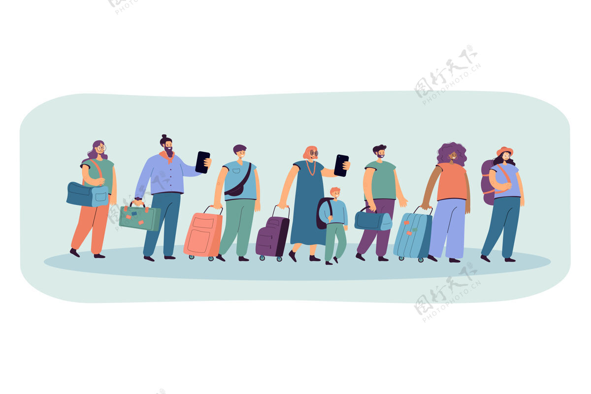 手提箱一大群游客在行李平面图上排队自拍家庭一起