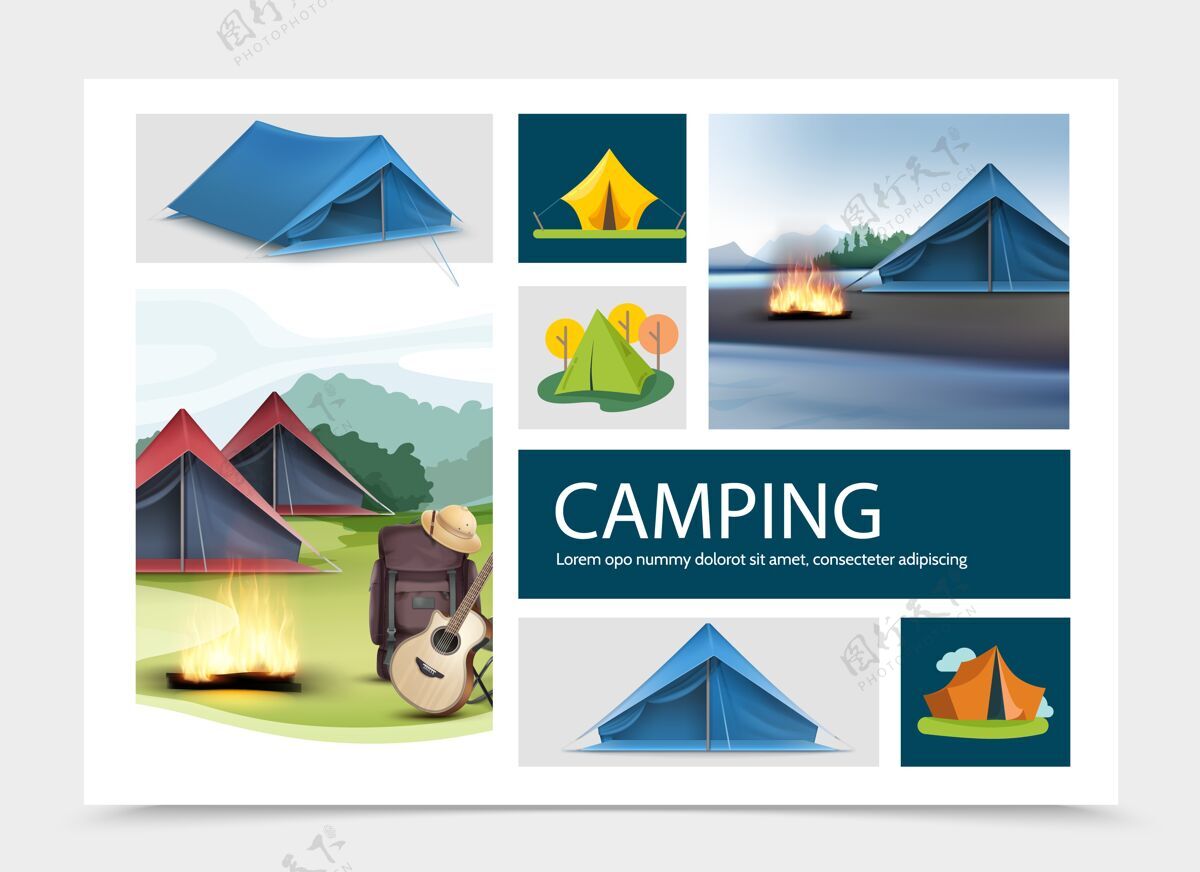 设备野营元素组成与现实和平面帐篷吉他髓帽篝火背包自然景观文字篝火河流