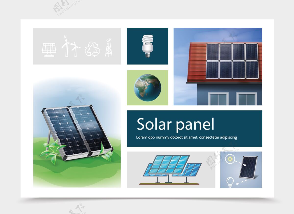 收集五颜六色的节能组成与太阳能电池板上的草地和屋顶地球上的行星灯泡井架风力涡轮机回收标志图标太阳能光面板