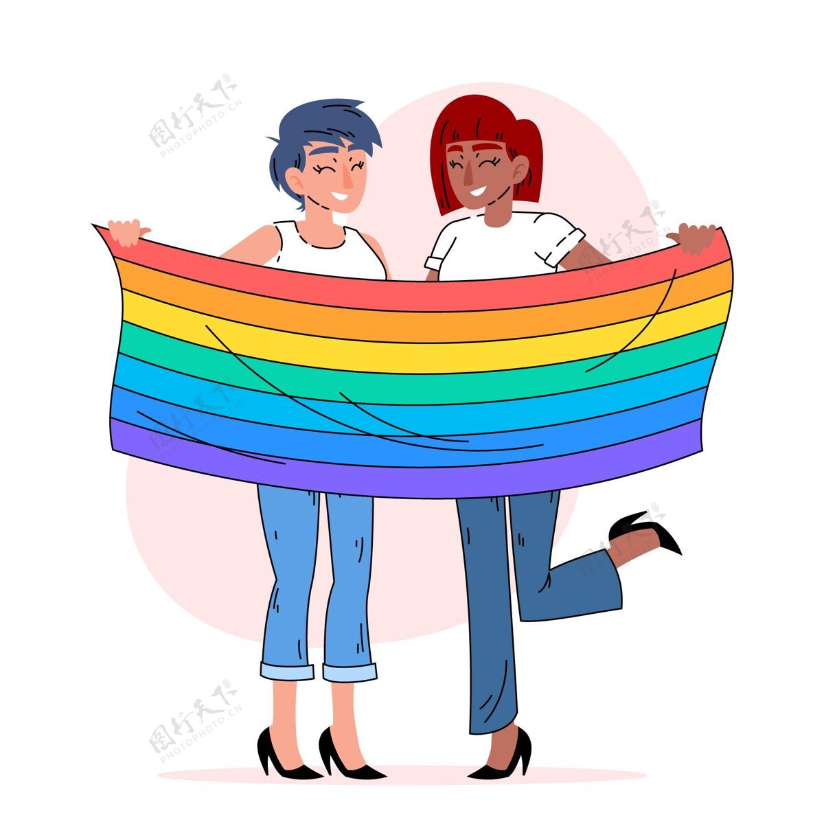 插图美丽的女同性恋夫妇与同性恋者旗帜同性恋家庭浪漫