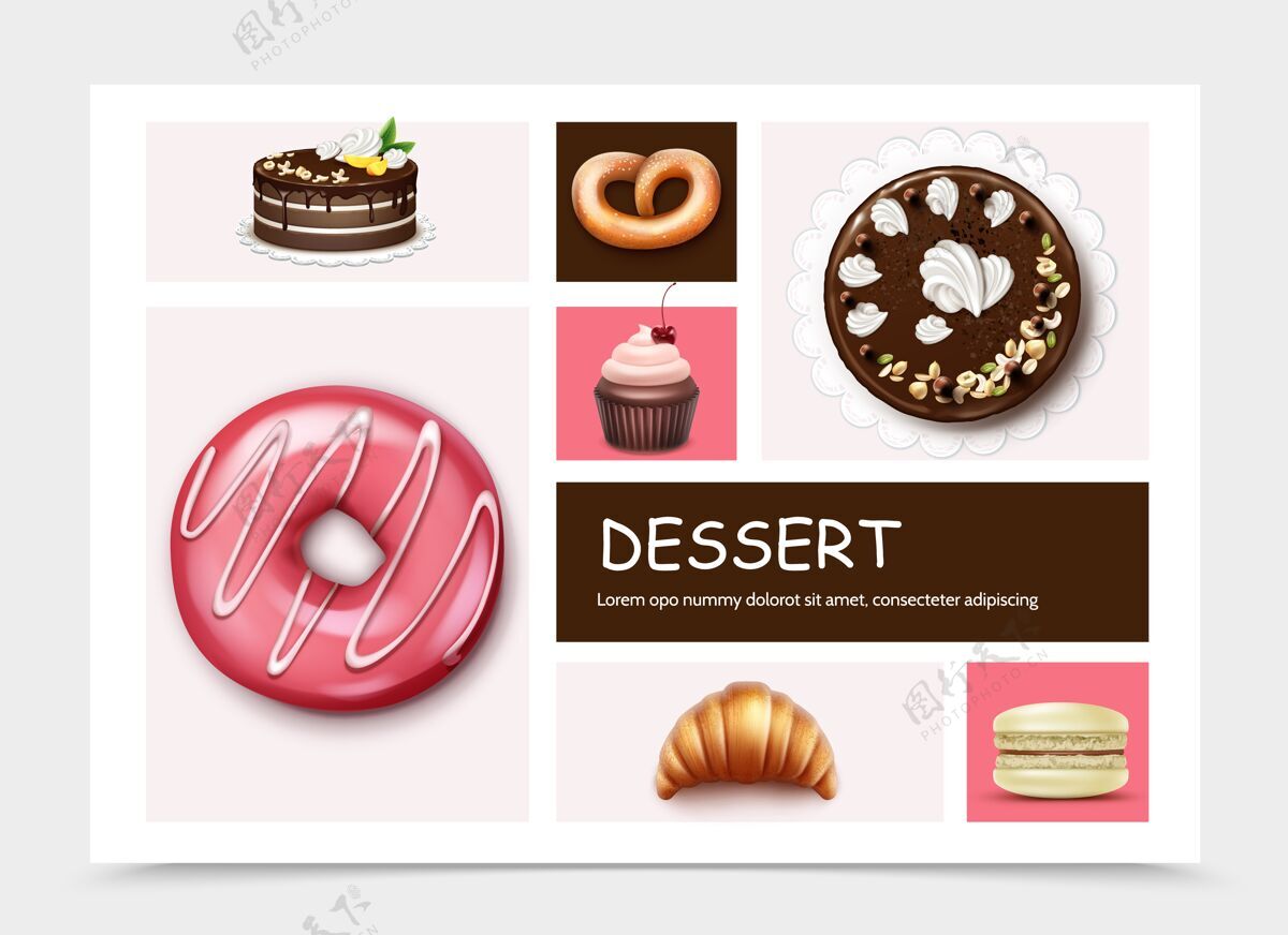 樱桃甜点和蛋糕信息图形模板与馅饼甜甜圈纸杯蛋糕杏仁饼 羊角面包椒盐卷饼在现实风格的插图早餐派传统