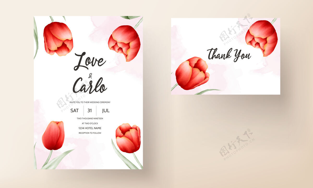 假日美丽的红色郁金香花结婚卡模板优雅花卉保存日期