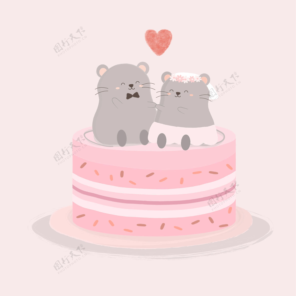 剪贴画老鼠情人坐在甜蜜的蛋糕上 孤立的卡通可爱的动物浪漫的情侣相爱 情人节的概念 插图浪漫乐趣情侣