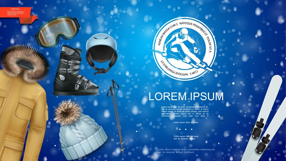 插图现实的冬季运动与夹克帽子滑雪和棍子滑雪板眼镜靴子头盔蓝色雪地插图模板眼镜夹克下雪