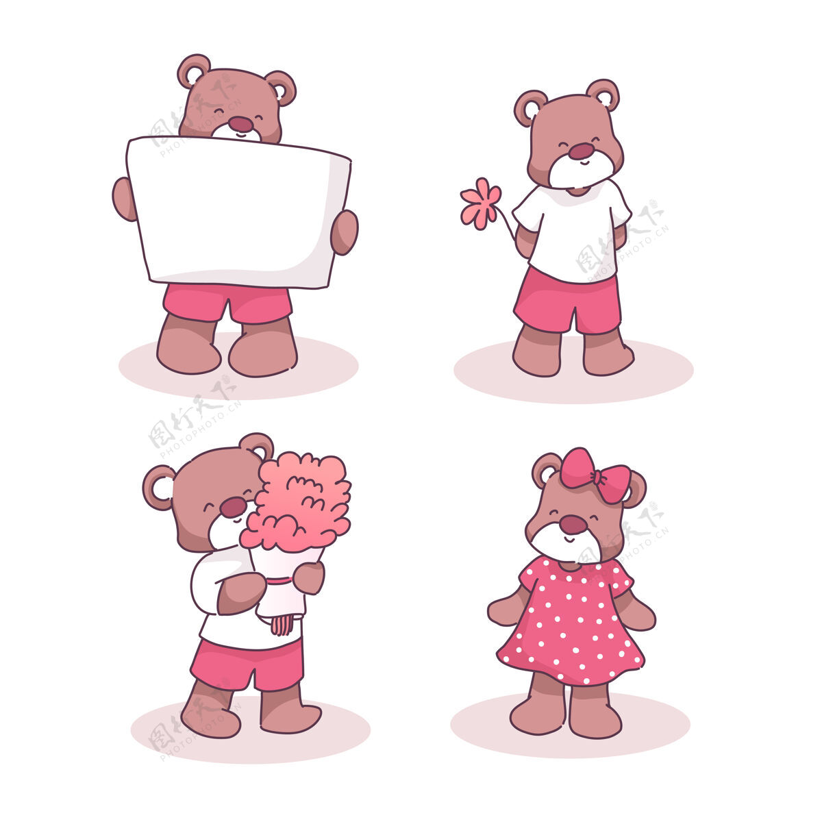 情侣熊带着花 标语牌和花束涂鸦可爱情人节