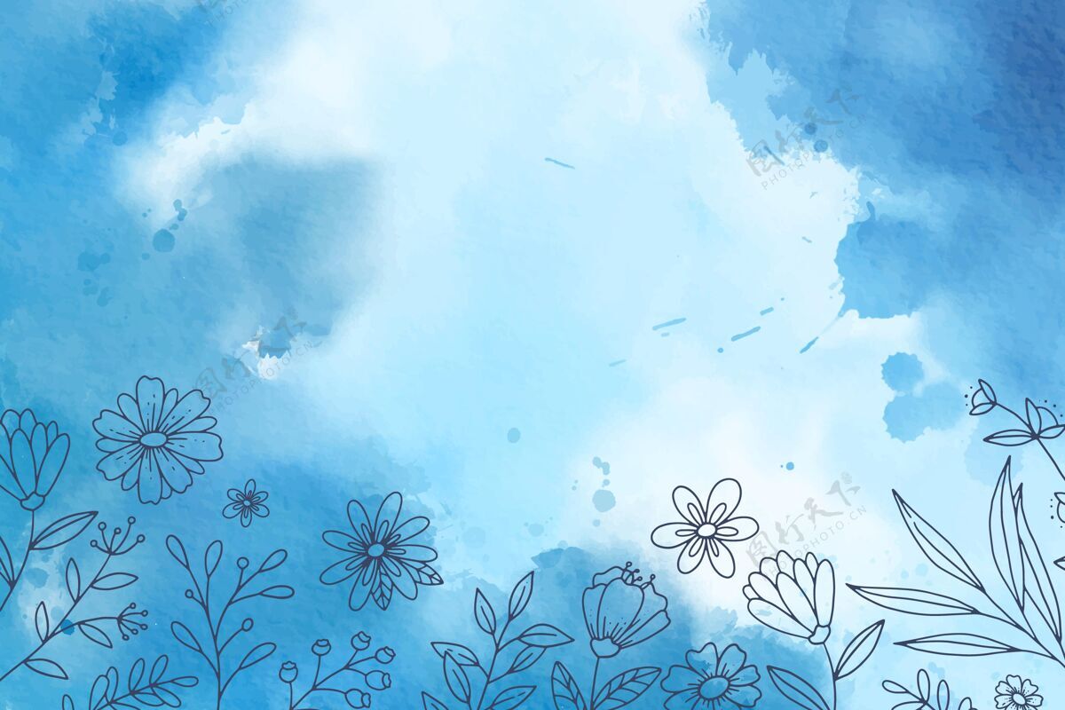 水彩水彩蓝色背景与手绘元素花卉手绘植物
