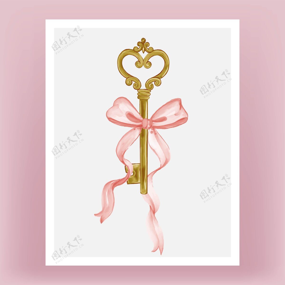 水彩孤立的关键与粉红丝带水彩插图钥匙心形锁