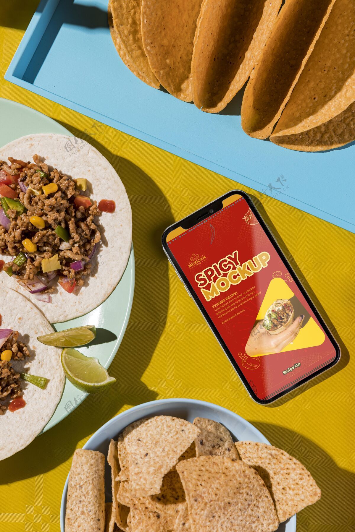 墨西哥玉米卷顶视图美味的塔可在板上模拟安排墨西哥蔬菜