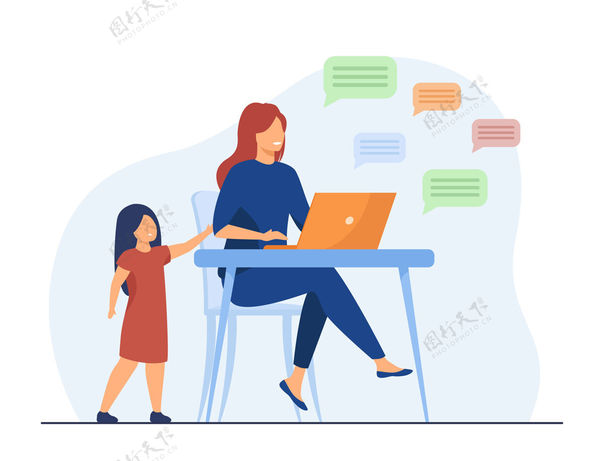 桌子孤独的女孩站在和妈妈在社交媒体聊天笔记本电脑 孩子 家长平面插图卡通插图聊天泡泡媒体