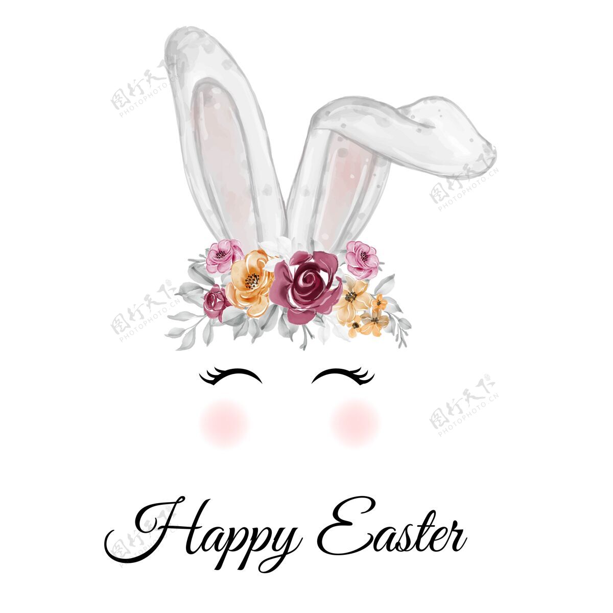 传统水彩复活节兔子耳朵花冠复活节兔子动物装饰