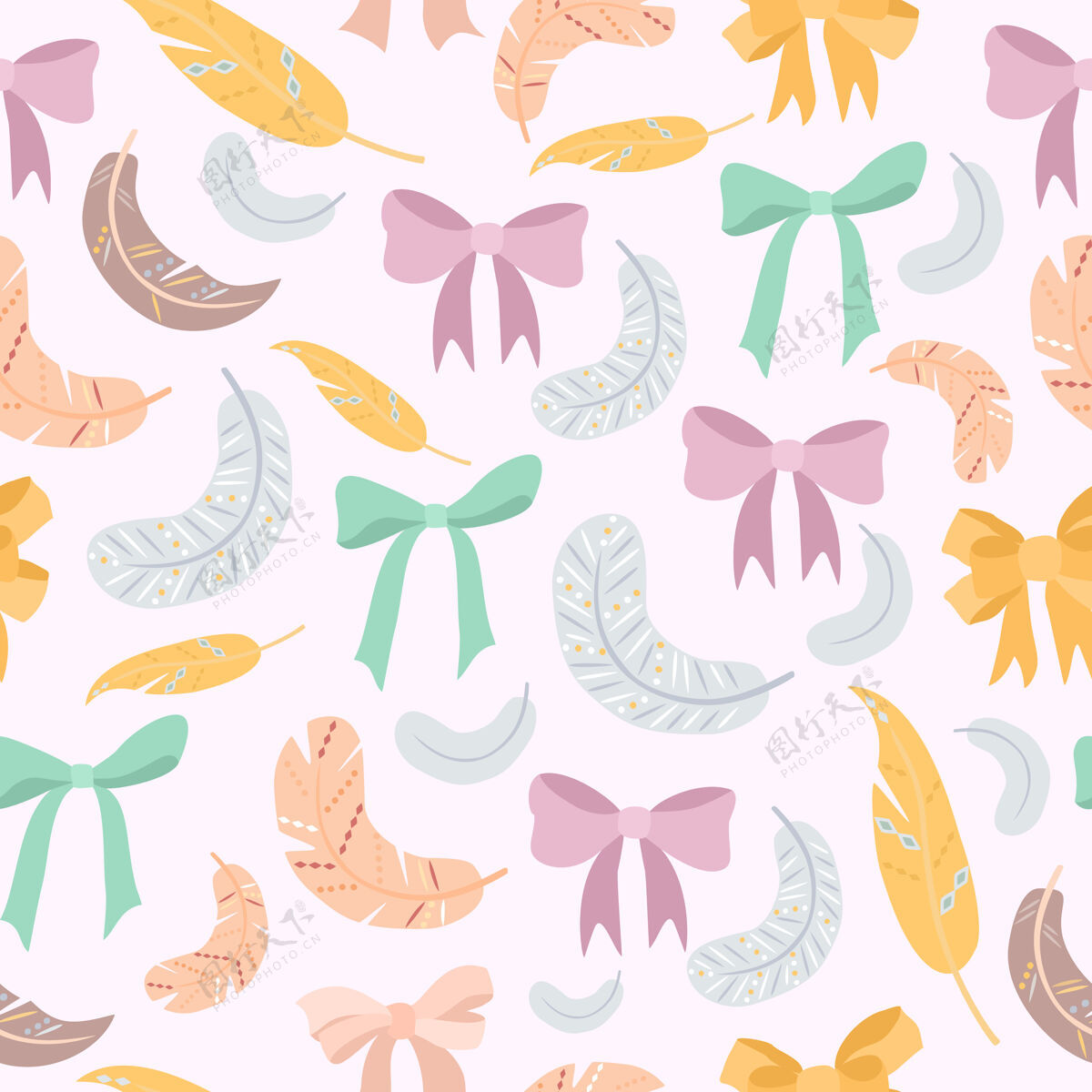 无缝图案带蝴蝶结和羽毛的粉彩图案弹簧插图精致