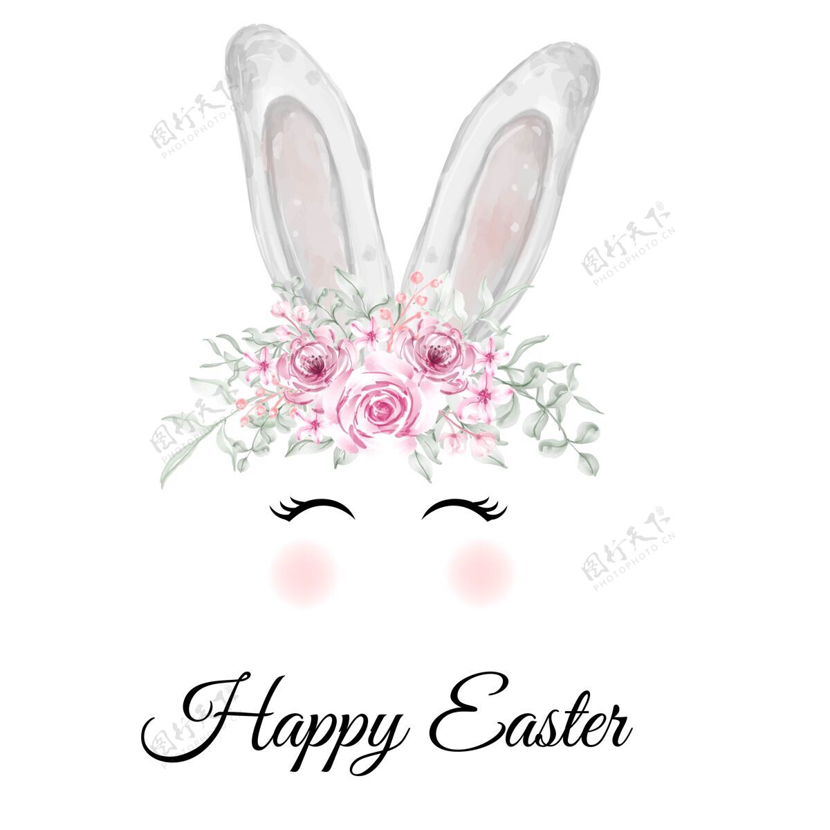 元素水彩复活节兔子耳朵与粉红色的花冠花卉皇冠兔子