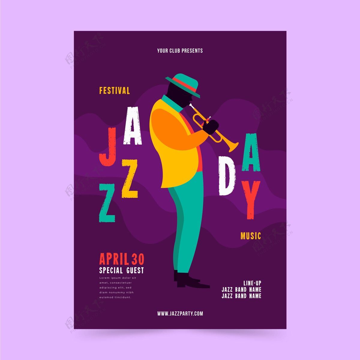 音乐会平面国际爵士日海报模板国际爵士乐日垂直模板