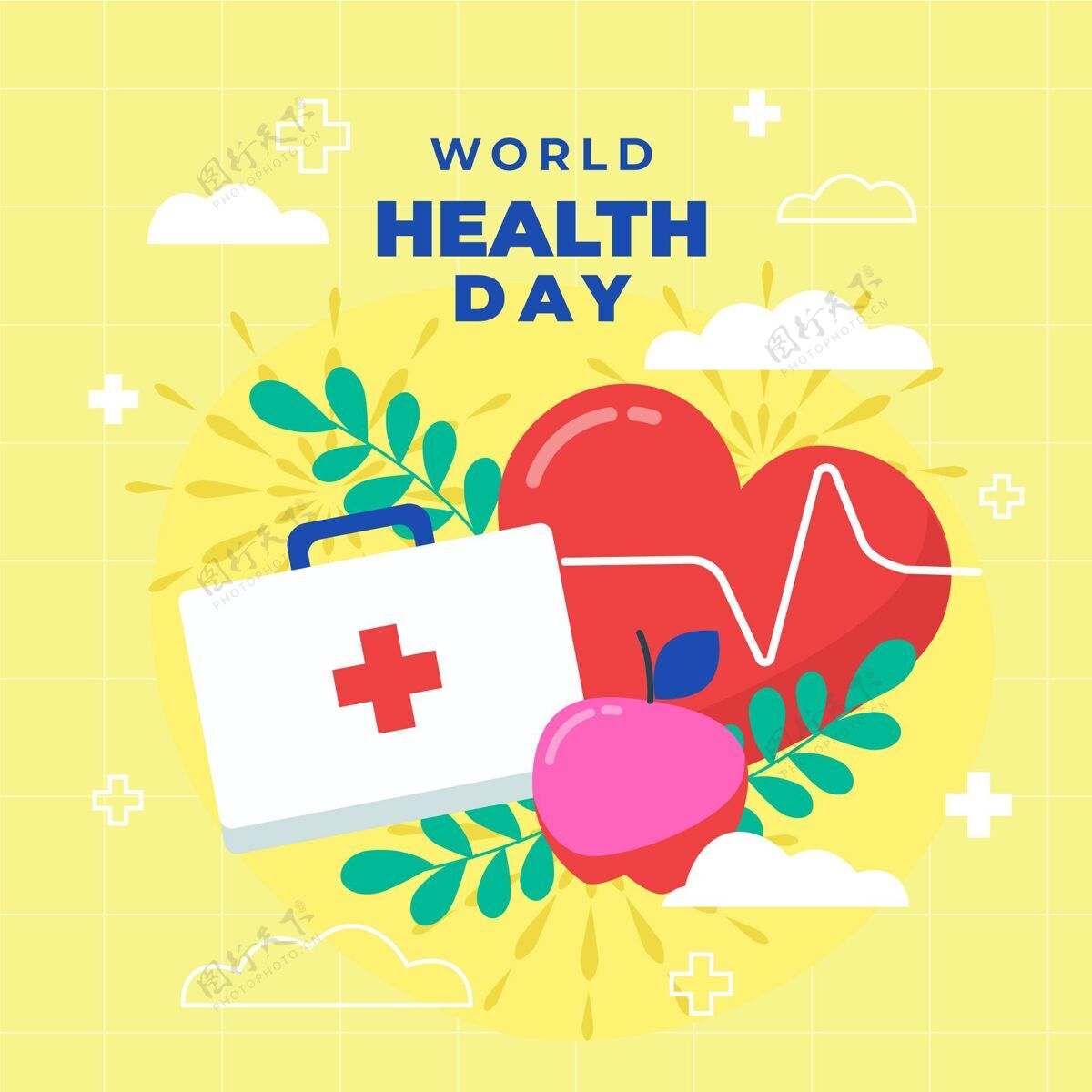 全球世界卫生日心脏和急救箱插图庆典公寓医学