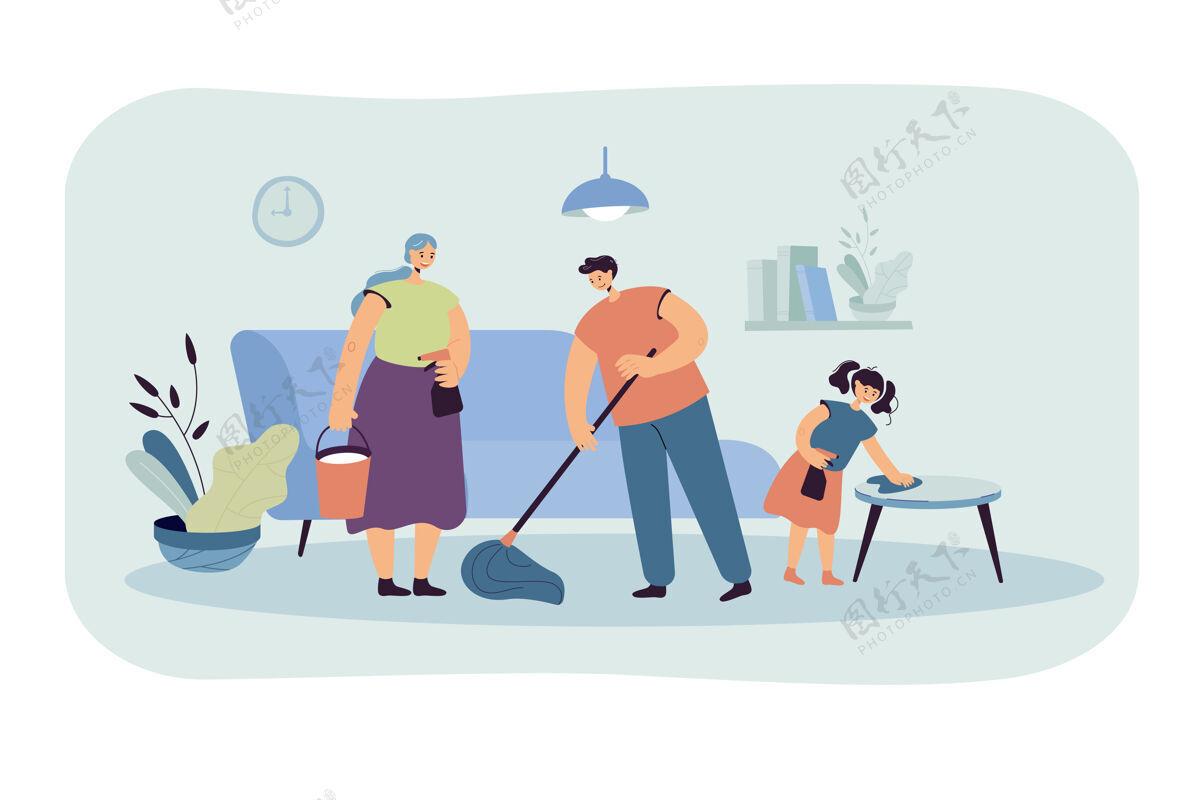 爸爸快乐家庭一起打扫房子平面插图卡通插图帮助父母水