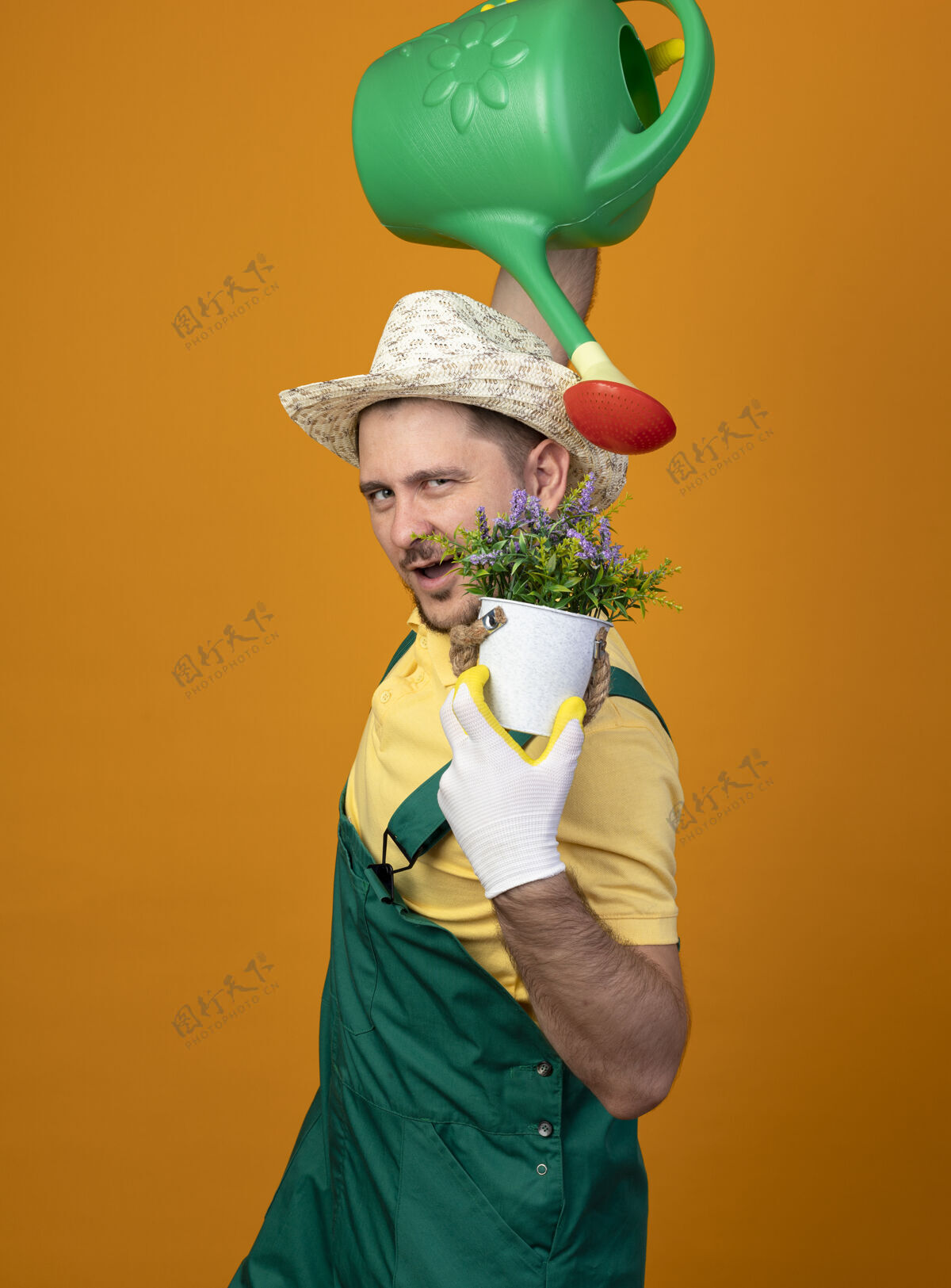 浇水年轻的园丁穿着连体衣 戴着帽子 手里拿着浇水罐和盆栽植物 快乐而积极地微笑着站在橙色的墙上连身衣举行人