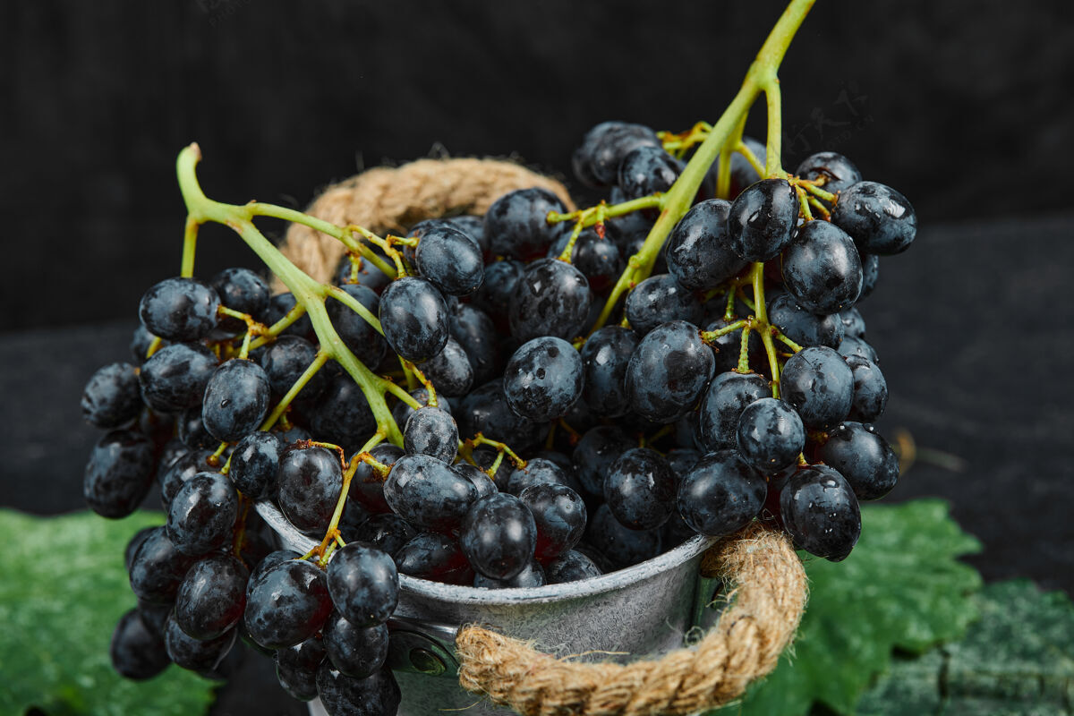 健康一桶黑葡萄 黑色表面有叶子 特写葡萄成熟优雅