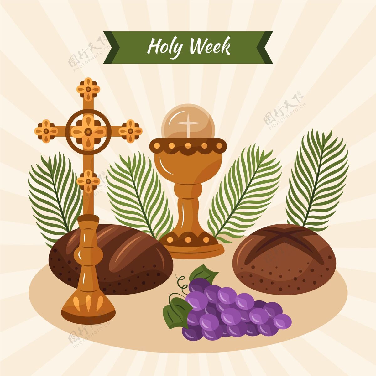 插图手绘圣周插图与葡萄酒和面包假日基督教帕斯卡
