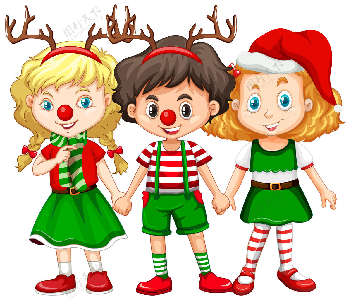 雌性孩子们戴着驯鹿头带和红鼻子圣诞服装聚会基督年轻
