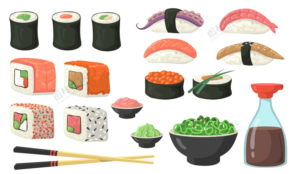 食品不同的寿司 面包卷和尼吉里套餐生姜包装卷
