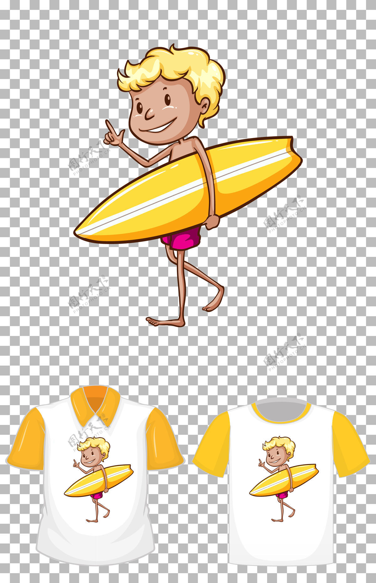 空白一个男孩拿着黄色冲浪板卡通人物设计的t恤衫冲浪男孩系列