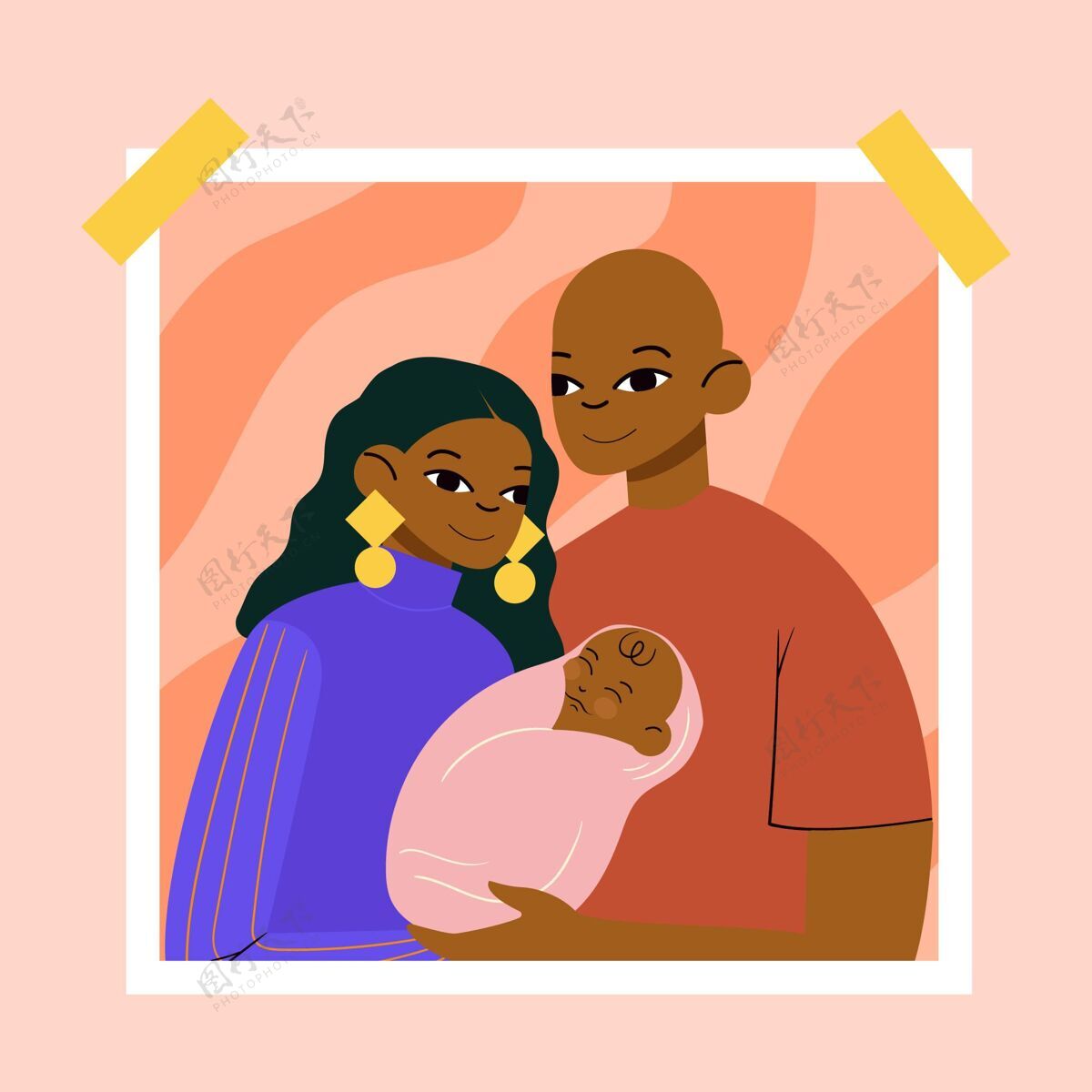 手绘带宝宝的平面手绘黑色家庭插画平面一起女性