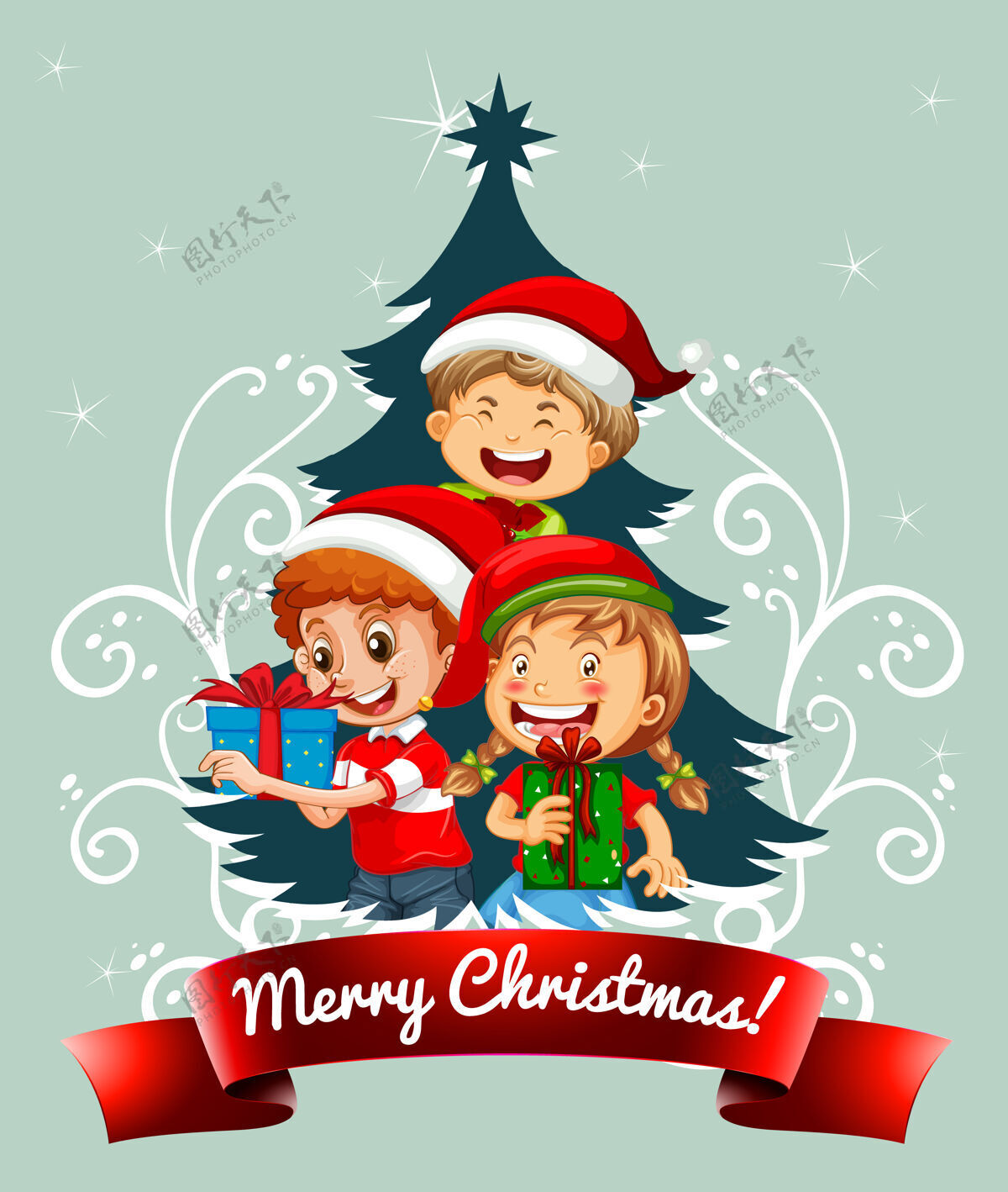 卡通圣诞快乐字体 孩子们穿着绿色背景的圣诞服装庆祝装饰可爱