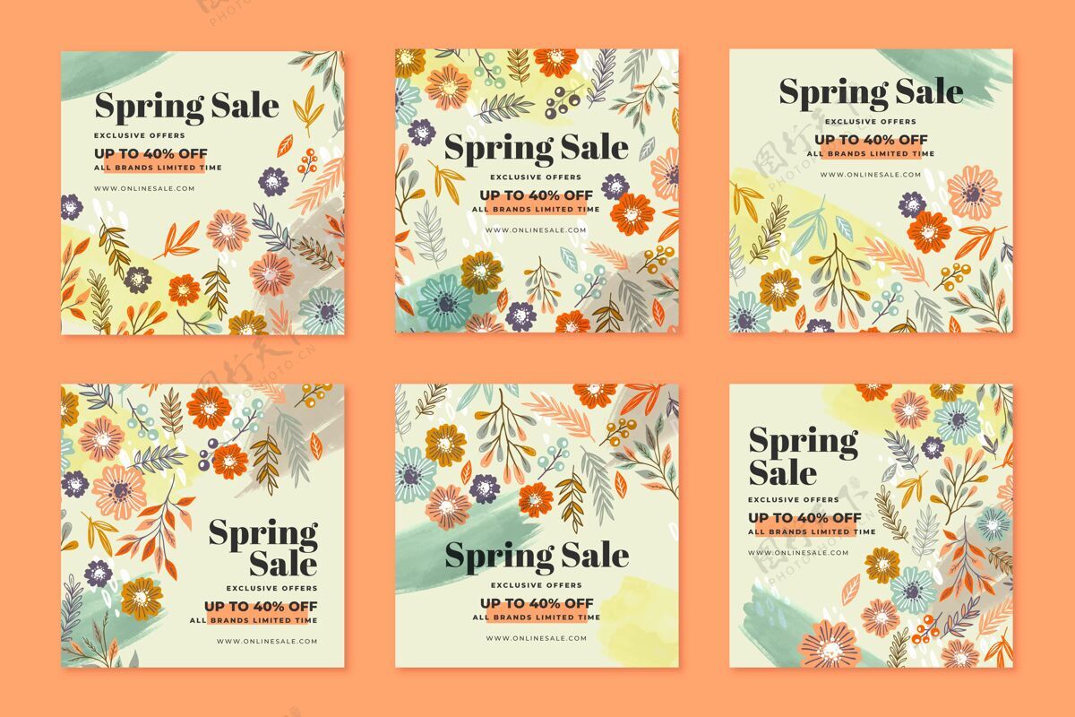 春天手绘春季销售instagram帖子冲刺时间植物包装