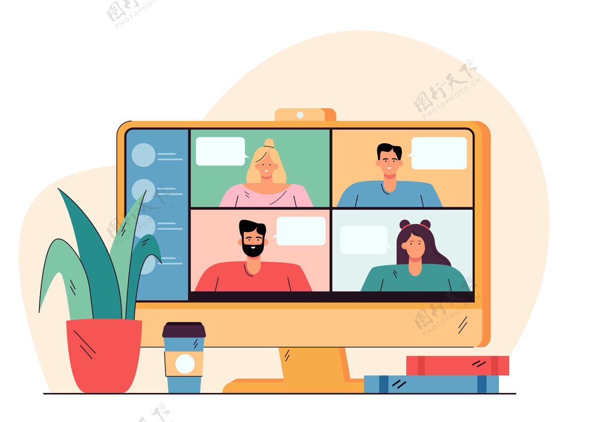 互联网视频会议与快乐的人在桌面平面插图显示器工作区学习