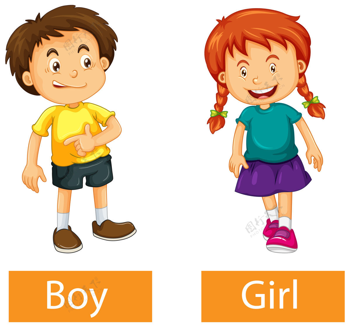 游戏相反的形容词与男孩和女孩的白色背景英语单词卡背景