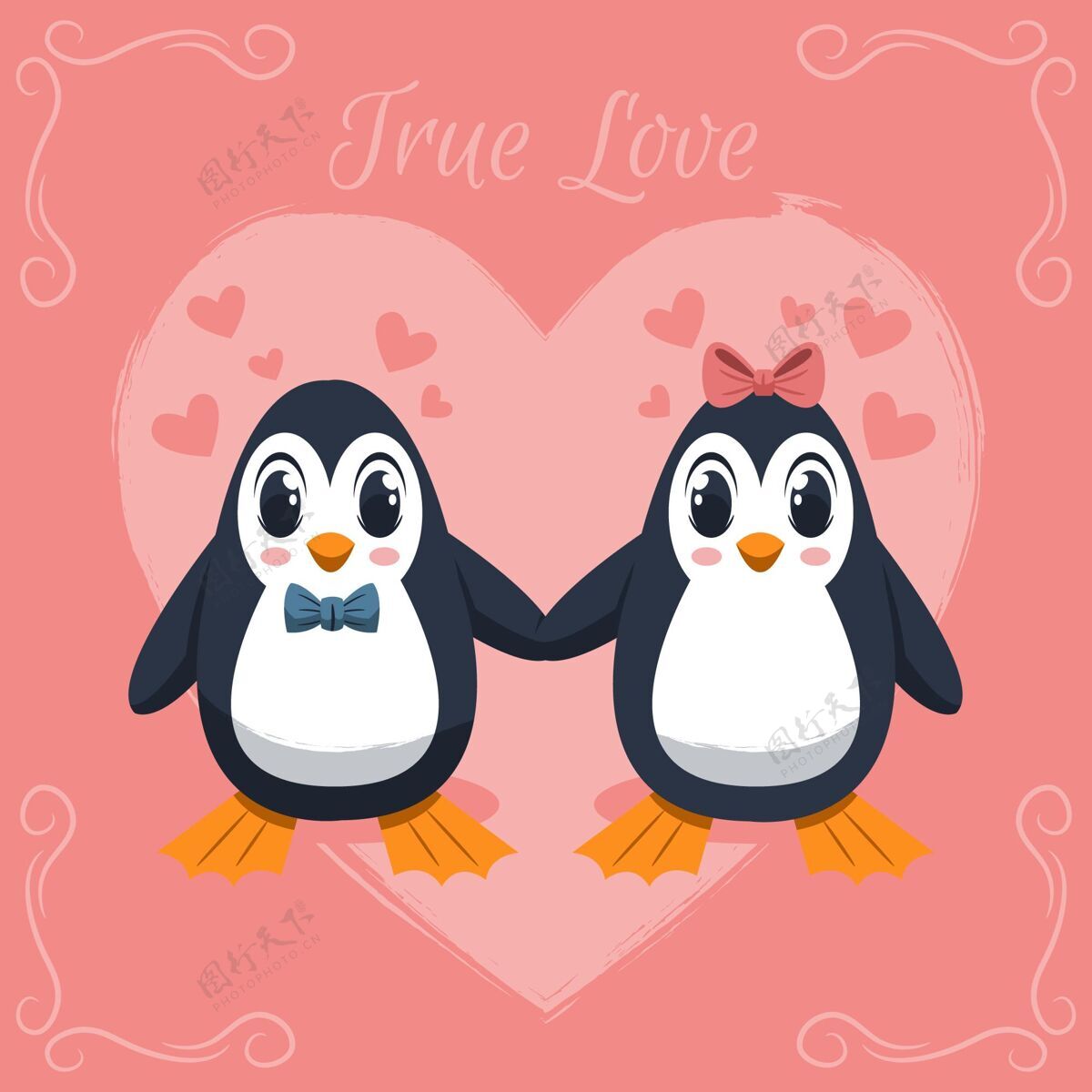 浪漫手绘情人节企鹅情侣可爱爱庆祝