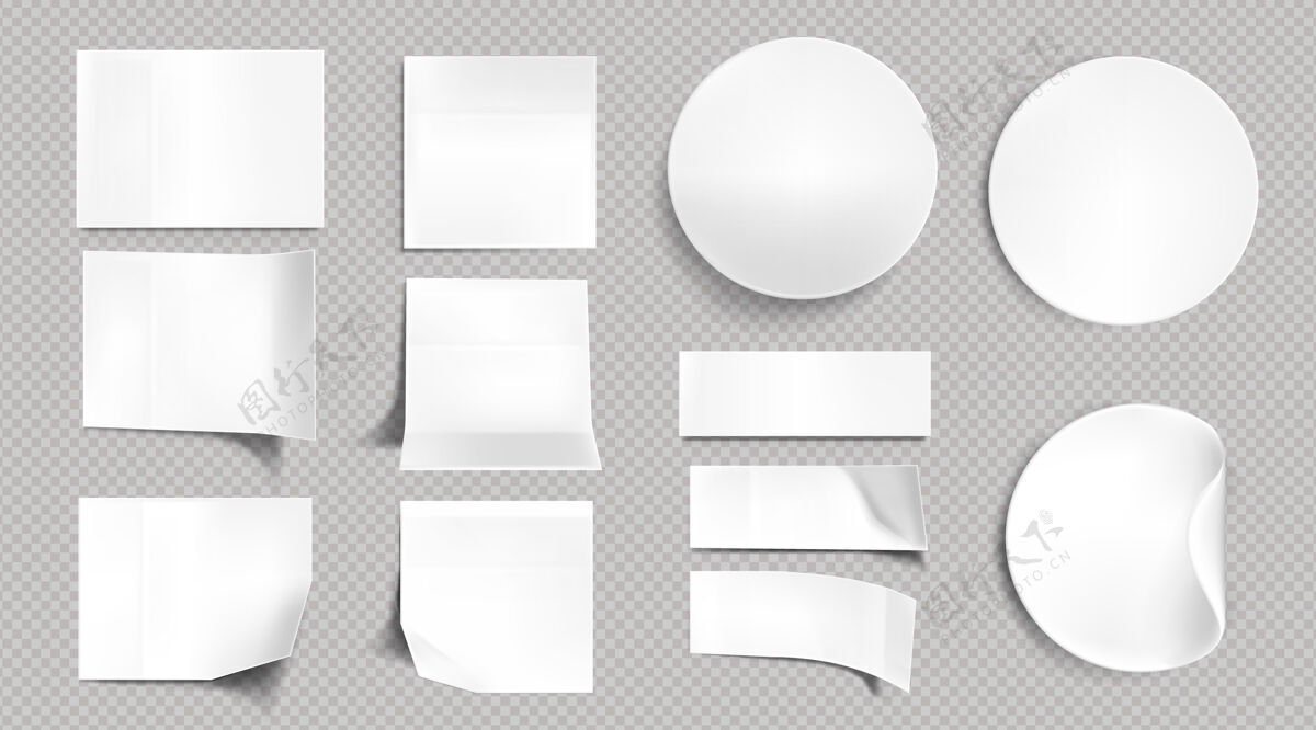 圆形白纸贴纸 空白正方形 圆形和矩形的便笺向量现实的一套空标签弯曲和折叠的角落 粘合剂标签隔离在透明的背景上弯曲包装透明