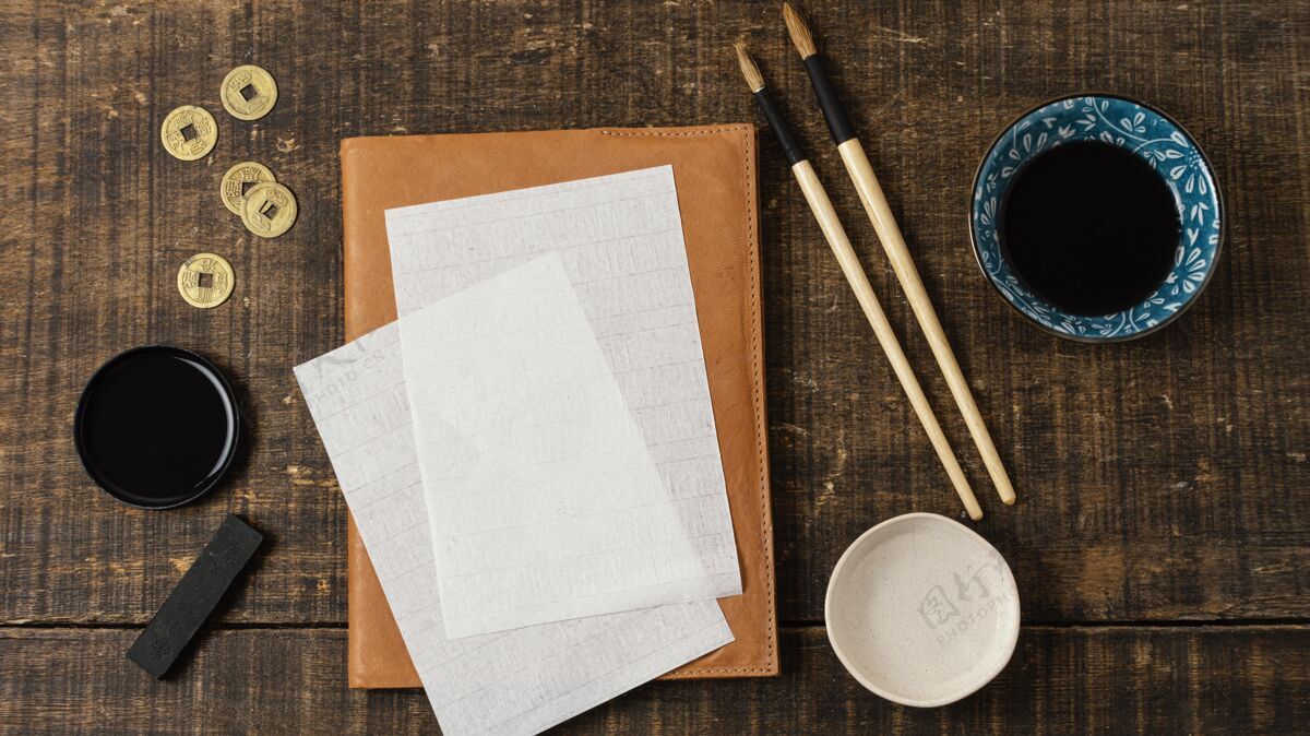 写作用空卡片平铺各种中国墨水平面布局中国水墨排列