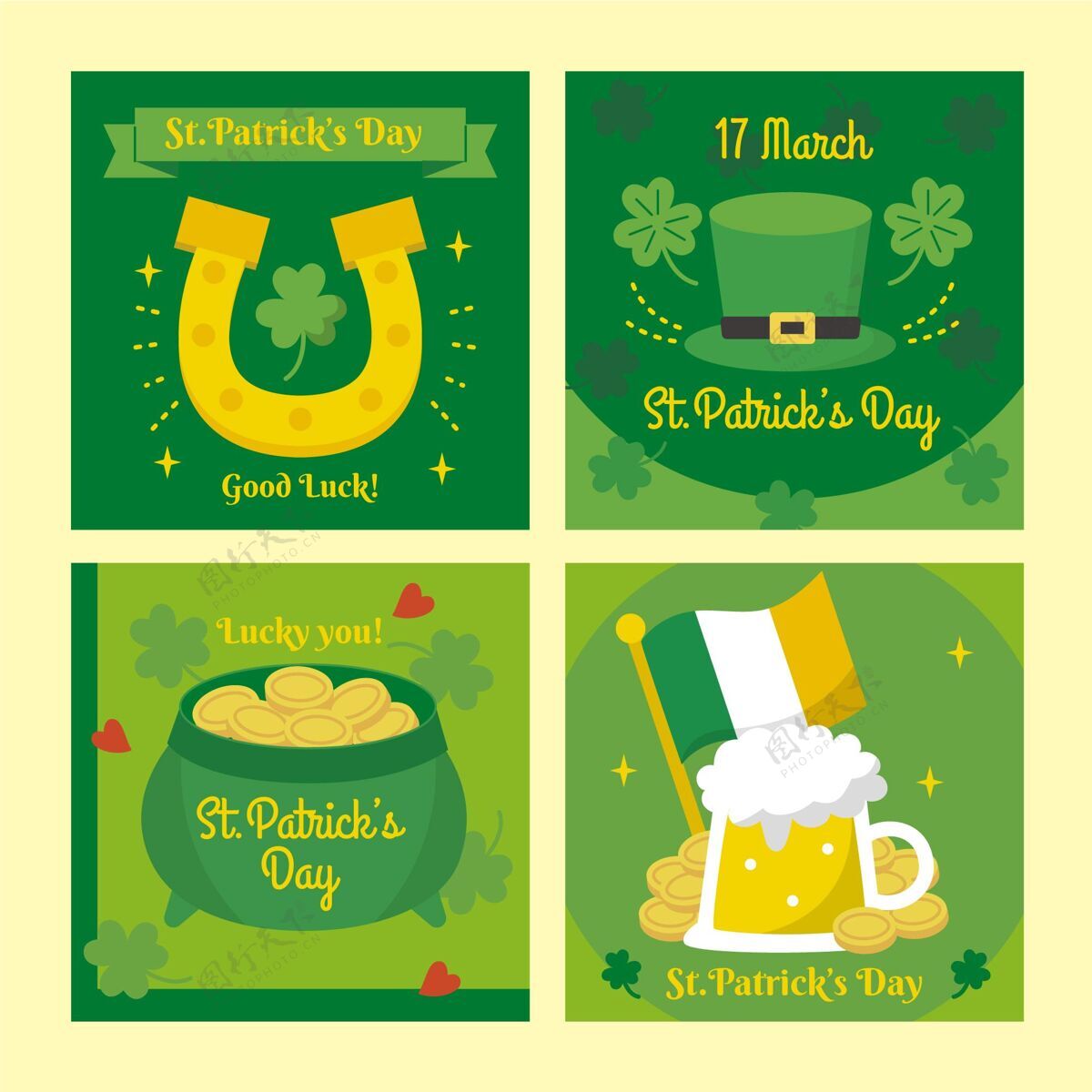 公寓设计手绘圣帕特里克节instagram帖子集爱尔兰套装绿色