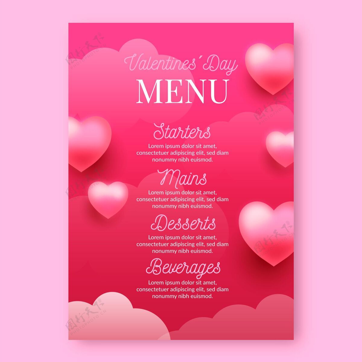 圣瓦伦丁节逼真的情人节菜单模板庆祝模板菜单