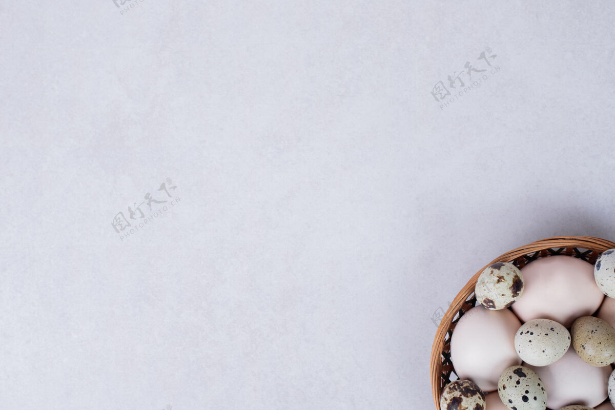 视图鹌鹑蛋和鸡蛋放在白色的碗里顶部视图有机产品