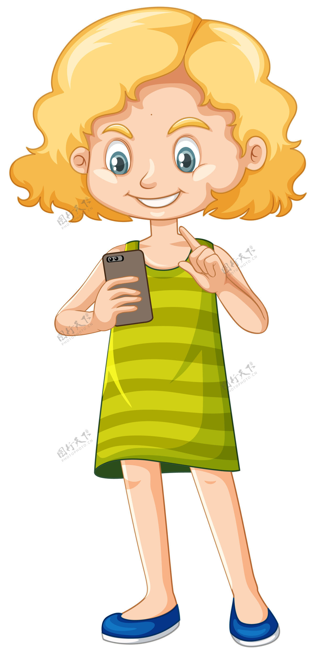 女性穿绿色衬衫的女孩用智能手机卡通人物隔离在白色背景上工具女孩手机