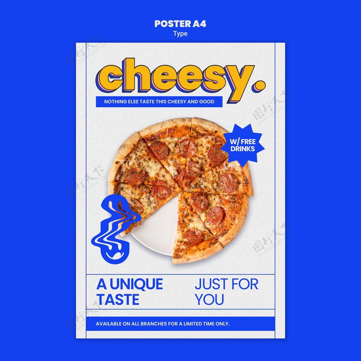 比萨饼新奶酪披萨口味的垂直海报印刷模板食物小餐馆