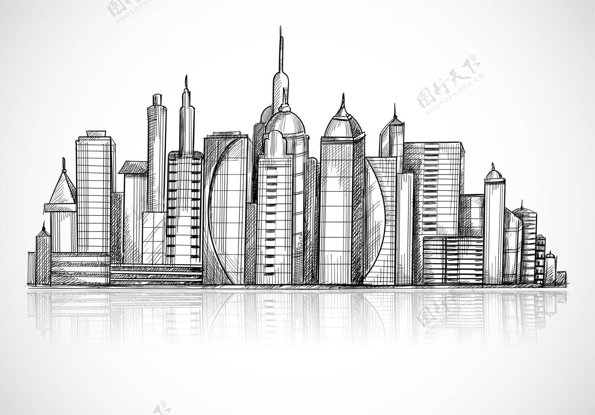 摩天大楼美丽的手绘城市天际线素描城镇建筑抽象