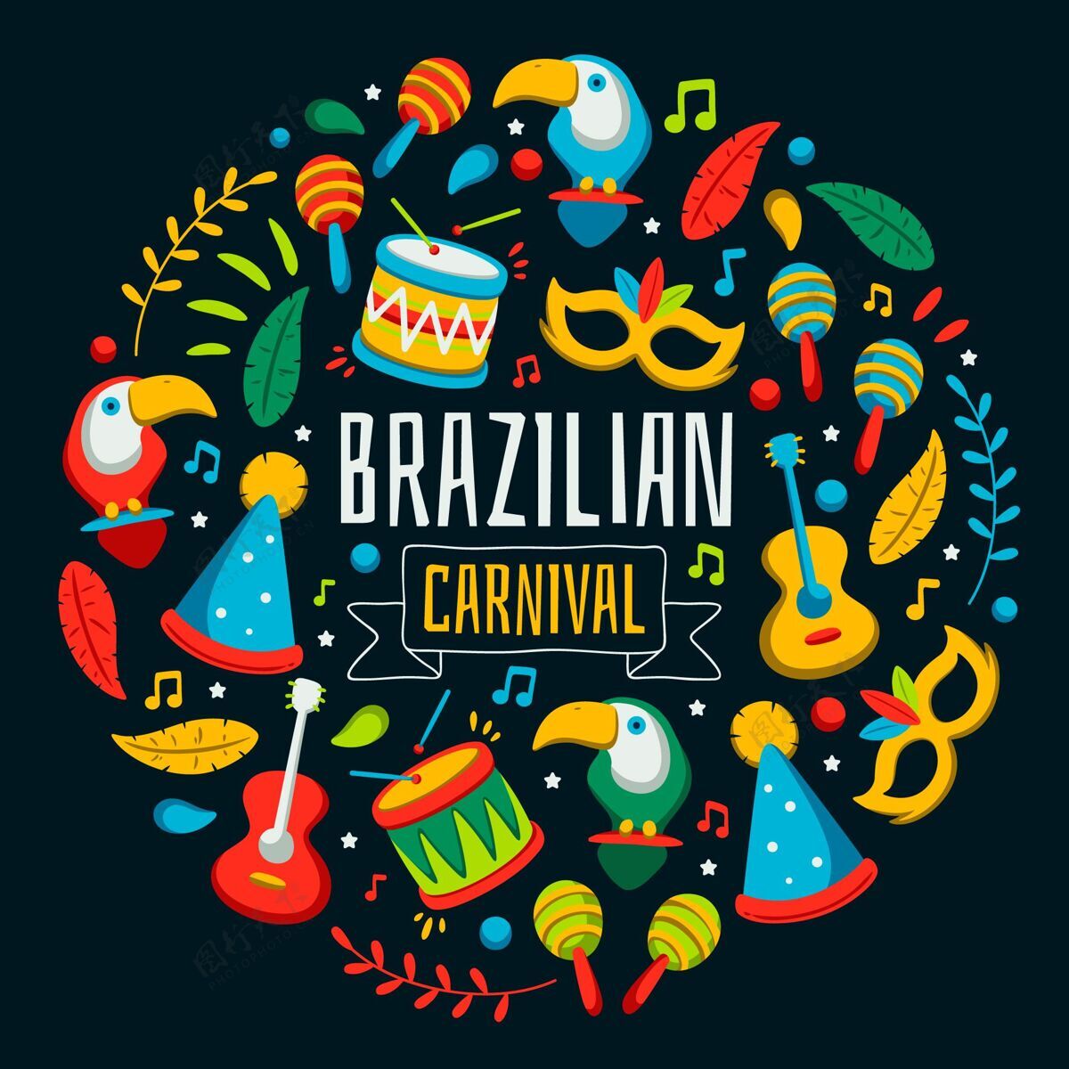 狂欢节丰富多彩的巴西嘉年华活动插图与节日元素巴西狂欢节伪装巴西