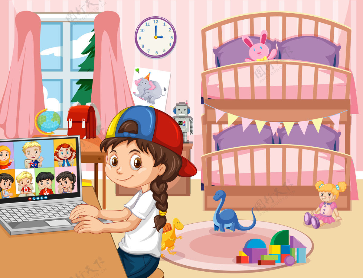 卡通一个女孩在卧室里和朋友开视频会议孩子虚拟工程