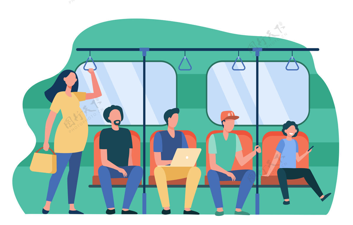 模板孕妇站在不礼貌的地铁乘客旁边男人坐在座位上社会问题 公共交通火车插图怀孕