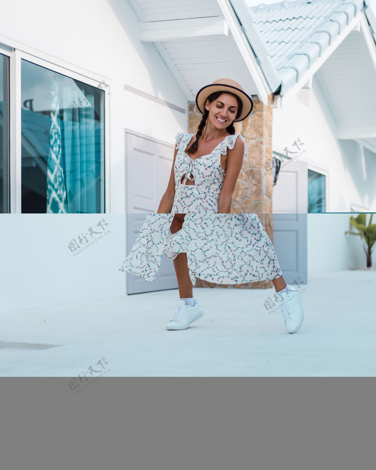 海滩积极冷静的女人穿着浅色夏装 头戴草帽 热带位置地中海平静健康