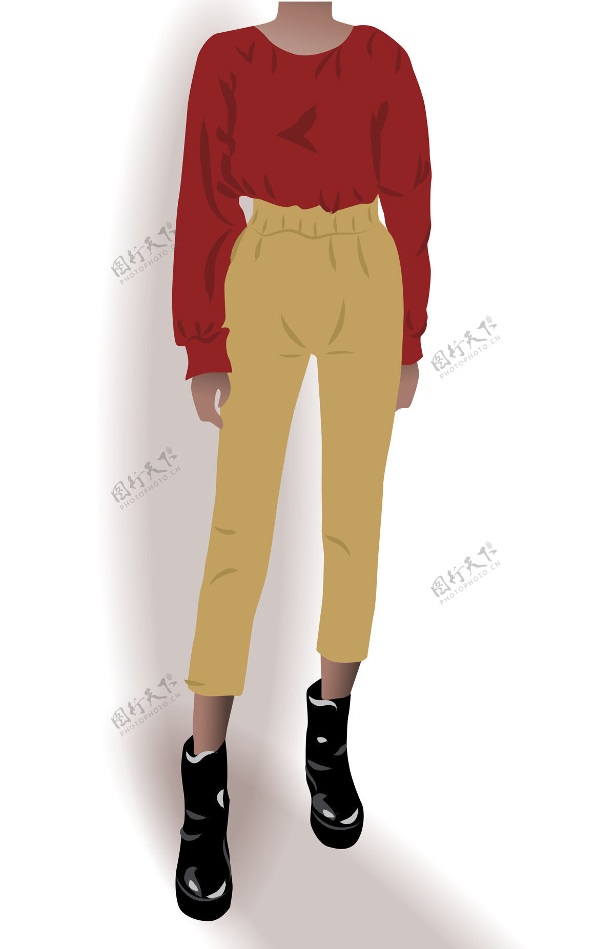 魅力穿黑鞋子黄裤子红衬衫的女孩摆姿势时尚装束插图