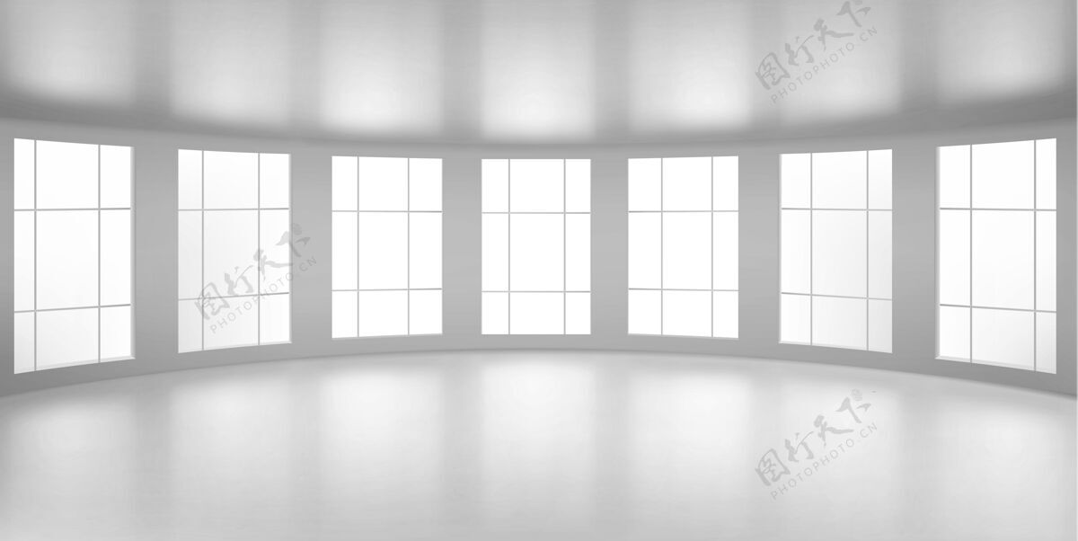 光空旷的圆形房间 大窗户的办公室 白色的天花板和地板现代城市建筑的内部结构 内部设计项目可视化 逼真的三维插图室内房间内
