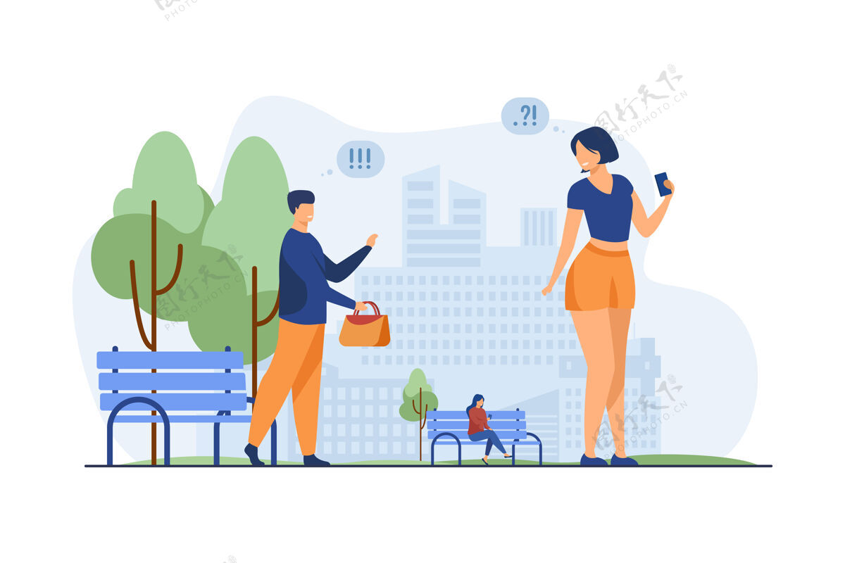 年轻在城市公园认识的情侣男人把遗忘的包还给女人在公共场所认识 约会电话快乐插图