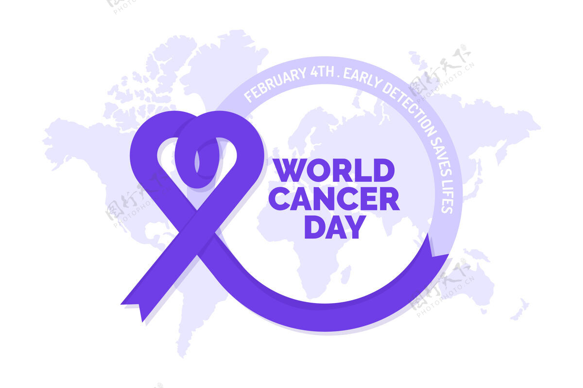 支持世界癌症日世界地图上的紫色丝带4日癌症弓