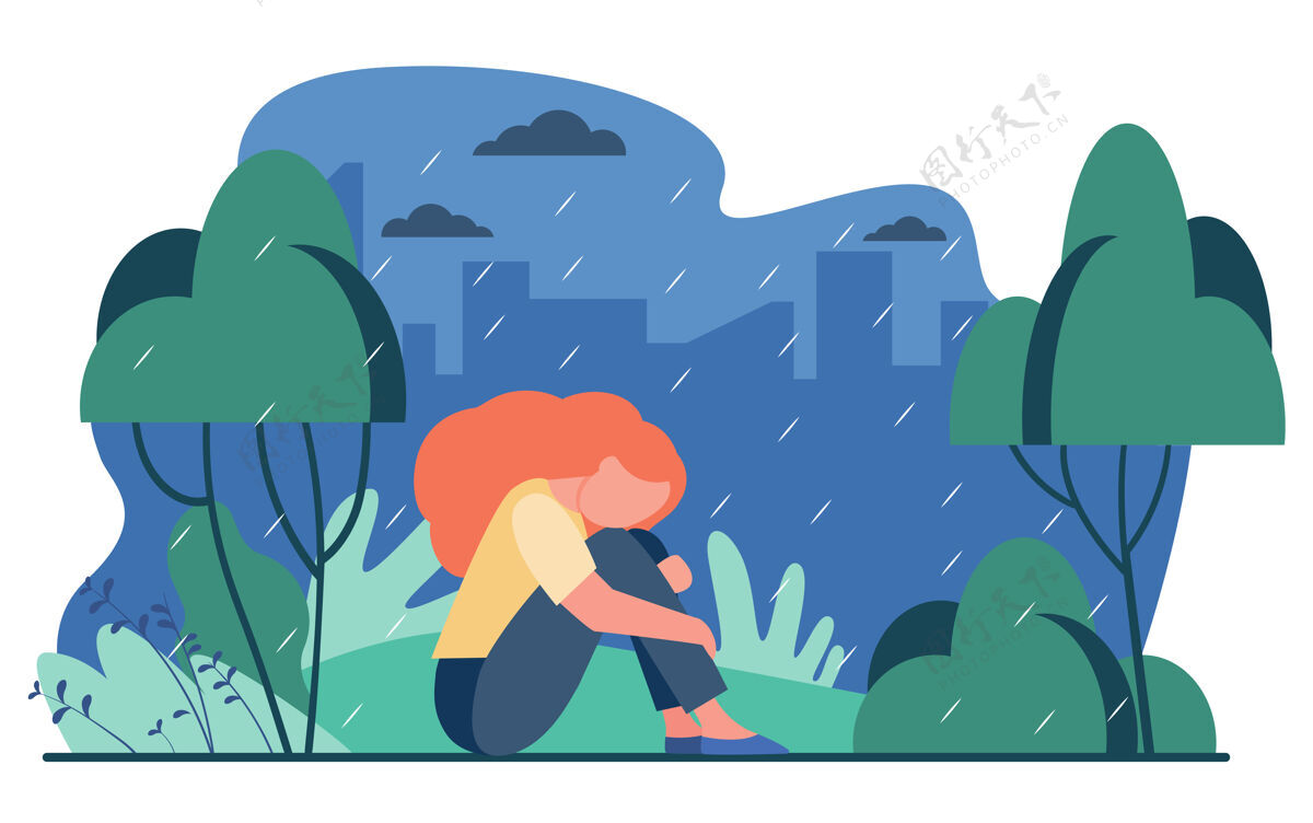 户外不快乐的女孩在雨中悲伤的女人坐在雨中公园户外沮丧 压力 孤独孤独模板秋