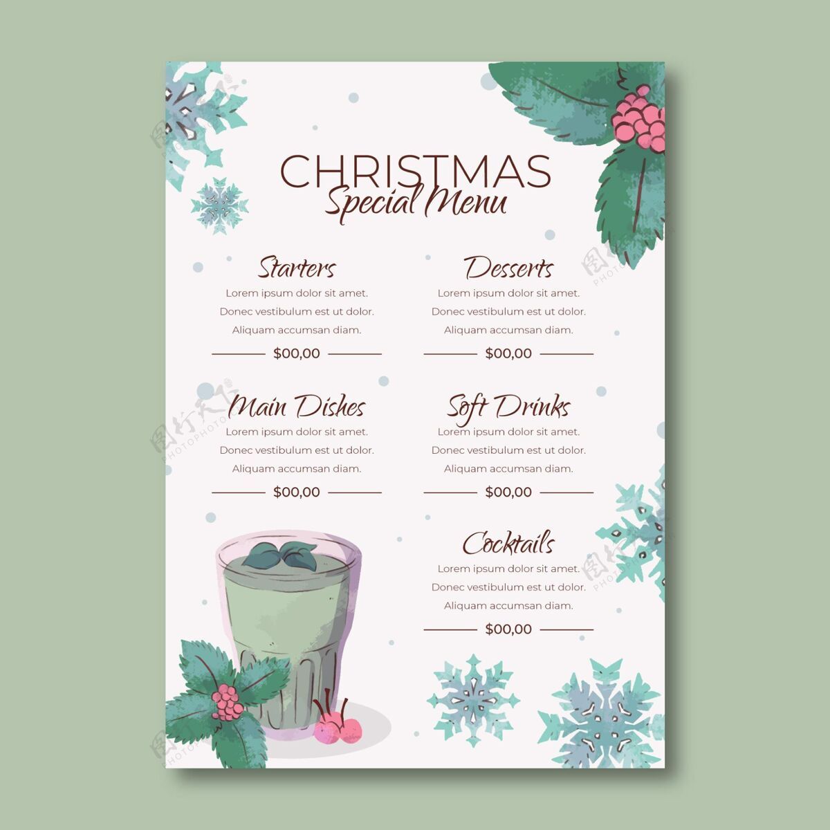 事件水彩圣诞菜单模板菜单节日准备印刷