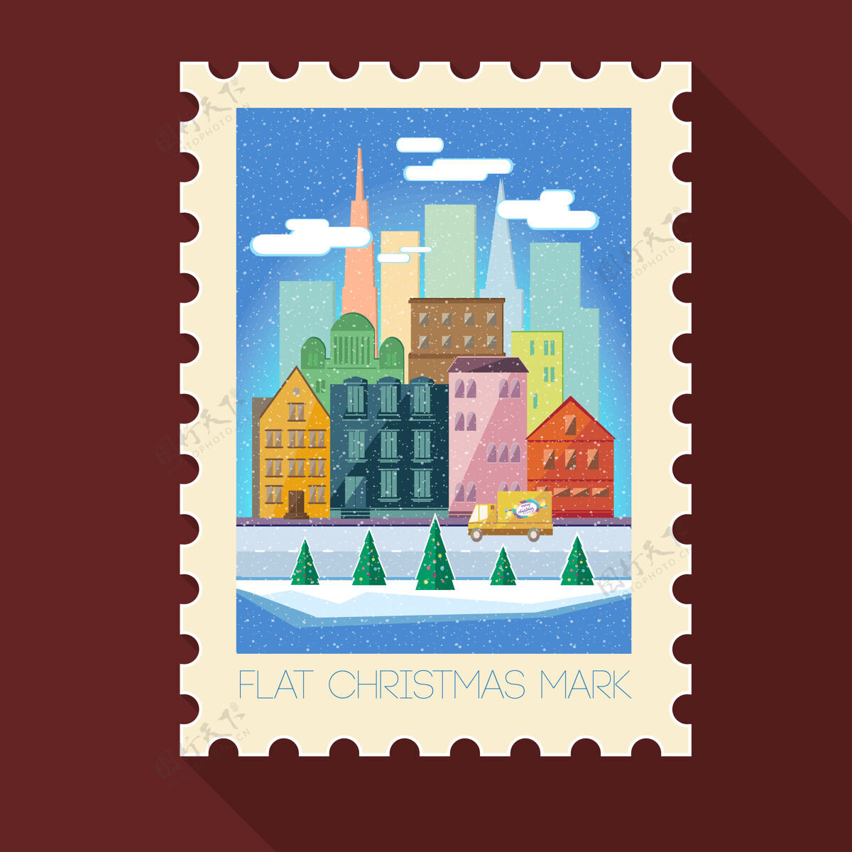 布局圣诞贺卡邮票与冬季城市景观和卡车在平面风格的棕色事件文本棕色